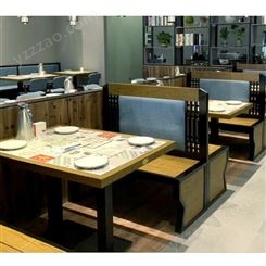 主题餐厅实木餐桌椅定做湘菜土菜馆双面卡座沙发中餐厅4人位桌椅厂家众美德