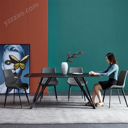 搏德森意式极简岩板餐桌金属现代简约小户型吃饭桌椅组合创意大理石方桌