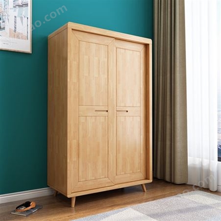 搏德森北欧全实木衣柜原木推拉门滑移门简约现代木质组装卧室小户型衣橱